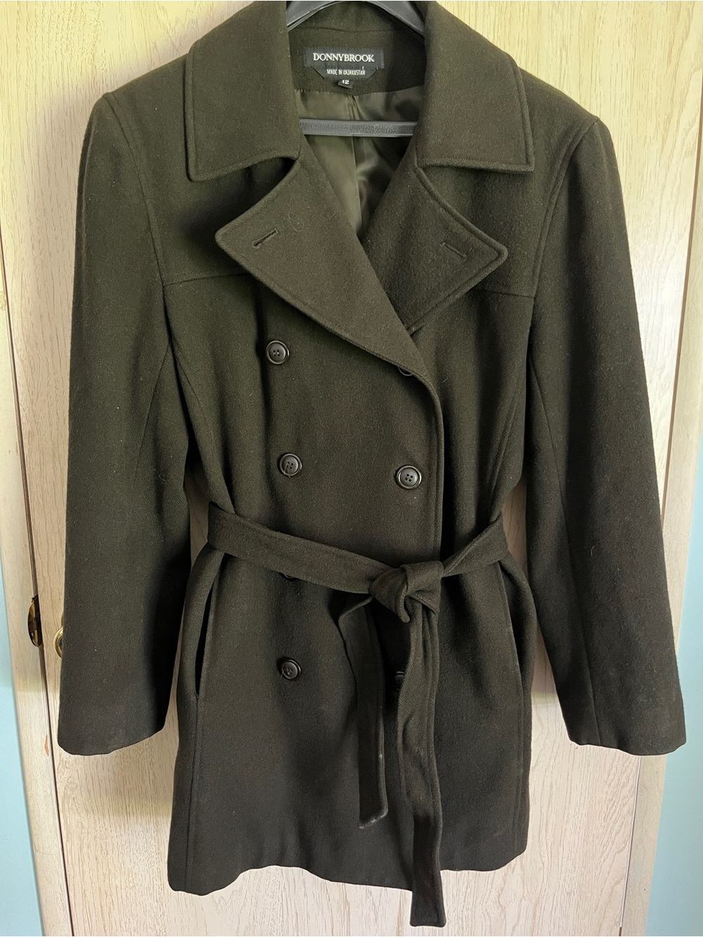 DONNYBROOK LODEN Olive Green Double Breasted Belted Wool Coat Sz 12